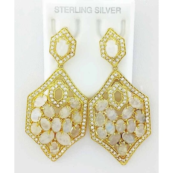 Genuine 13.50 Ct Opal & W/Sapphire Earrings .925 Silver (14k Yellow Gold Plated)